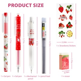Mangpung Cute Strawberry Pens Set Include Kawaii 0.5mm Strawberry Mechanical Pencil,Mechanical Pencil Lead Refills,Erasers,Gel Pens,Stickers,Strawberry Stationery Set for Office School Supplies