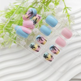 Square Press on Nails Short Fake Nails Pink with Blue Full Cover Glue on Nails Black Coconut Tree Sand Design False Nails Press ons Glossy Acrylic Nails Artificial Stick on Nails for