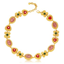 BONJOULRY Statement Necklace for Women Chunky Choker Necklace Vintage Pink Cameo Heart Flower Charm Colorful Gold Plated Chain Necklace Non-Tranish Renaissance Jewelry