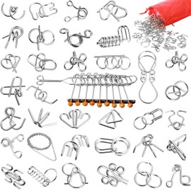 Yilloog Metal Brain Teaser Puzzles Set of 36 with Pouch, Steel IQ Games Physics Mind Metal Puzzles for Adults Basket Stocking Stuffers for Boys Girls Adults Challenge Gifts(9 Linked Rings)
