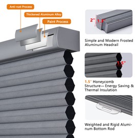 Persilux Custom Blackout Cellular Shades Cordless Window Blinds Honeycomb Blinds for Windows (Grey, 46"W x 48"H) Window Shades for Home, Room Darkening Cellular Blinds & Shades for Bedroom and Office