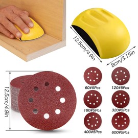 Sanding Block, Pack of 2 Sanding Block with 30 Sheets of Sandpaper, 5 Inch Sanding Sponge, Round Sanding Discs, 125 mm, Velcro Grit 60/120/180/320/400/600 for Wood, Metal, Furniture Restoration