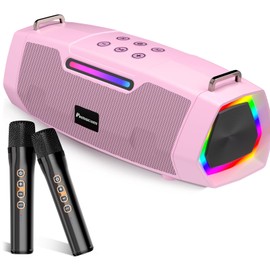 Karaoke Machine with Two Wireless Microphones - Portable 60W Powerful Bluetooth Speaker, Long Battery Life for Outdoor & Family Party, RGB Lights, PA System for Girls, Young Women - Pink