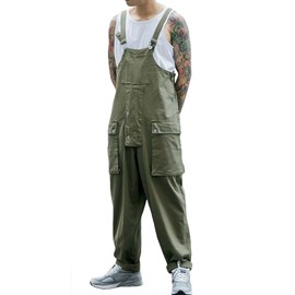 Rexcyril Men's Bib Overalls Baggy Loose Fit Workwear Sloppy Dungarees Lightweight Work Coveralls with Cargo Pockets, Army Green, 34