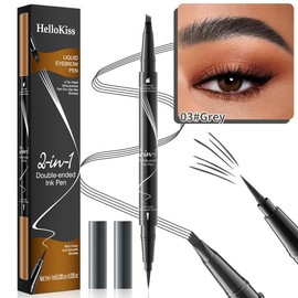 Hello Kiss Eyebrow Pen, 2 in 1 Dual-ended Natural 4 Fork Tip Liquid Eyebrow Pencil, New Upgraded Waterproof Microblading Eyebrow Pencil, Natural Long-Lasting - Color: 03#Grey
