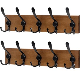 RELBRO Coat Rack Wall Mount, 16.7 Inch Wooden Wall Coat Hanger with 5 Triple Hooks, No Assembly, 2 Pcs, Brown