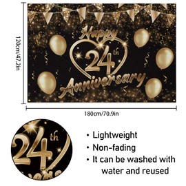 Happy 24th Anniversary Backdrop Banner Decor Black Gold – Glitter Love Heart Happy 24 Years Wedding Anniversary Party Theme Decorations for Women Men Supplies