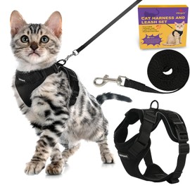 Hkkpet Adjustable Cat Harness and Leash Set for Outdoor Walking, Escape Proof Safe Cat Vest Harness,Soft Breathable Mesh Cat Harness with Reflective Strips,Black (M)
