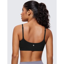 CRZ YOGA Womens Butterluxe Adjustable Spaghetti Strap Sports Bra - Scoop Neck Wireless Padded Bra Yoga Workout Crop Top Black Small
