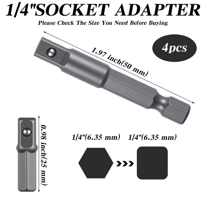 4 Pack 1/4 Hex to 1/4 Square Socket Adapter, Drill