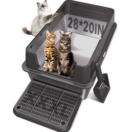 XXL Stainless Steel Litter Box with Lid, 28" Lx20 W Extra Large Cat Litter Boxes for Big Cats, Jumbo Metal Litter Box with Footboard & Scoop,Anti-Leakage,Non-Sticky,Odorless,Easy to Clean