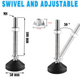 Uni-Fine M8 x 100 mm Diameter 50 mm Adjustable Foot Adjustment Screw, Furniture Foot Base Can Carry 450 kg Adjustable Feet Adjusting Screw Adjusting Base Maximum 15° Tilt