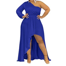Women One Shoulder Long Sleeve Maxi Dress Plus Size Empire Waist Ruffle Hem Asymmetrical Party Long Dress Blue XXL