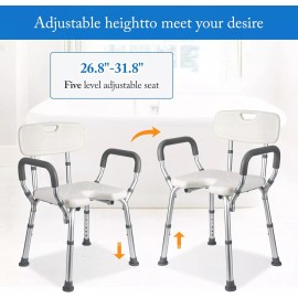 Adjustable Height Shower Chair Seat with Padded Armrests & Back, 350 lb Capacity