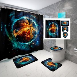 FJKJHKGJ 4PCS Boys Shower Curtain Set - Basketball Shower Curtain - Sports Shower Curtain Sets with Bath Rugs Toilet Lid Cover and 12 Hooks Basketball Bathroom Decor, Blue, 70" x 70"