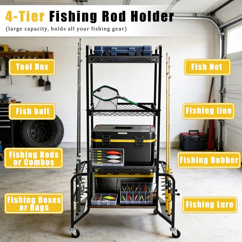 Cyfie Fishing Rod Rack, 4-Tier Mobile Heavy-Duty Holder for 10