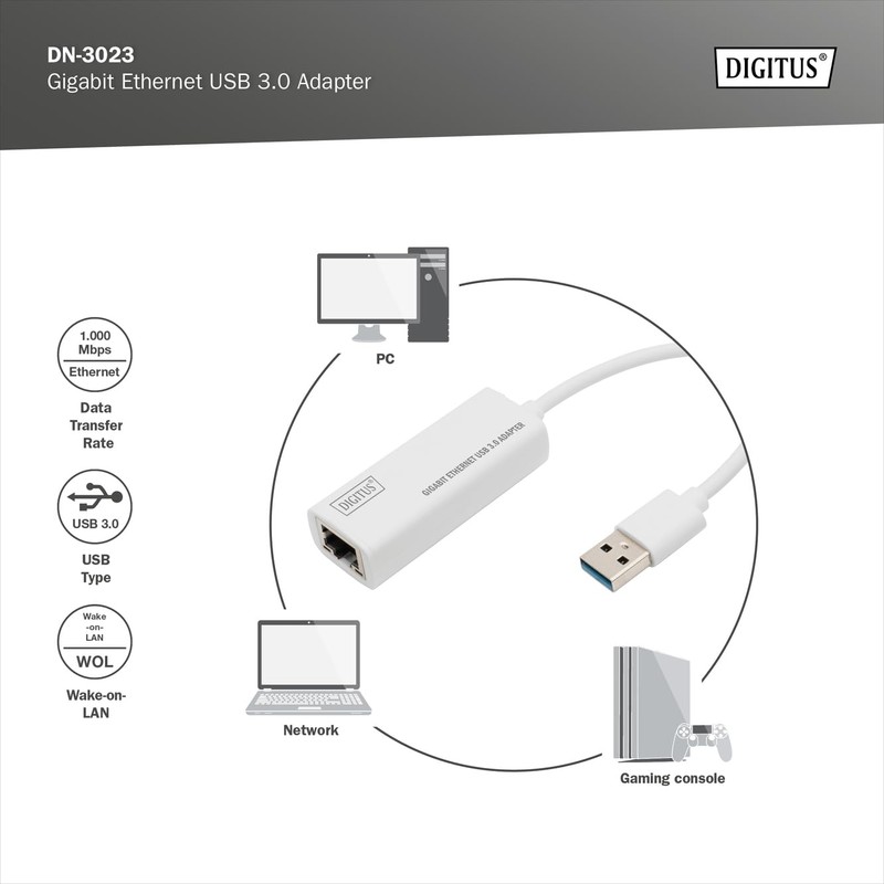 DIGITUS DN-3023 Netzwerk-Adapter über USB 3 - Gigabit-Ethernet 1 GBit/s