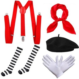 Conjunto de accesorios de cosplay de Mime francés para mujer, incluye boina negra, bufanda de tirantes rojos, guantes blancos y calcetines de rayas blancas negras para decoración de disfraces de