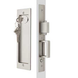 Rectangular Pocket Door Mortise Lock and Edge Pull, Narrow Modern Sliding Door Pop-Up Handle, (Bed/Bath) Pull Latch, Recessed Hardware for 1 3/8” to 2 3/16” Thickness (Keyed Lock, Brushed Nickel)