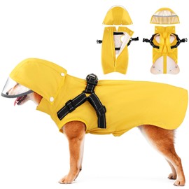 SlowTon Dog Raincoat - Puppy Rain Coat with Chest Harness, Removable Hood Waterproof Zipper Rain Jacket, Sleeveless Double Layer Rain Poncho with Reflective Brims for Small Medium Large Dogs