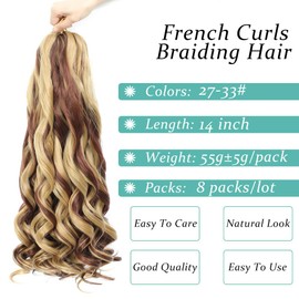 French Curl Braiding Hair, 14 Inch Curly Braiding Hair 8 Packs Bouncy French Curl Crochet Braids for Black Women Pre Stretched Loose Wavy Extensions (P27/33, 14Inch)