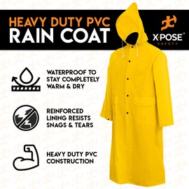 Xpose Safety Heavy Duty Yellow Rain Coat – .35mm PVC 48in Raincoat Jacket with Detachable Hood - Waterproof - Storm Weather, Raining, Fishing, Wet Work Conditions - Medium