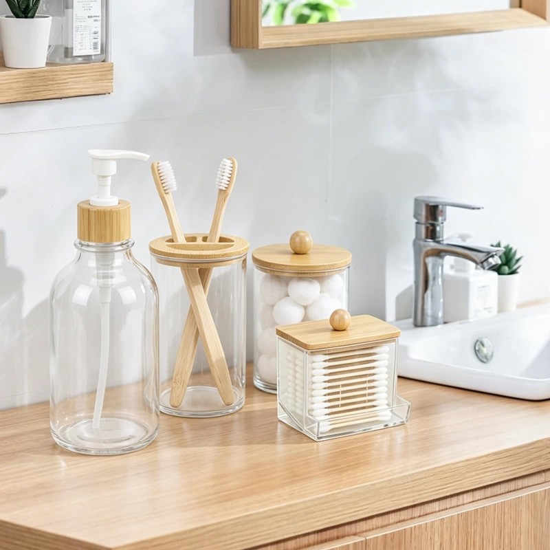 Bamboo Bathroom Accessories Set 4 Pcs, 1 Qtip Holder,1 Soap
