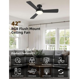 Homlit 42 inch RGB Ceiling Fan with Light, Smart App & Remote Control Low Profile Flush Mount, Music Sync Lighting, 6-Speed Quiet Reversible DC Motor, 4CCT Dimmable for Home Office Party,Black