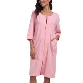 CF Women's 100% Cotton Zipper Robes 3/4 Sleeve Loungewear Knee Length Housecoat Lightweight Zip Up Nightgowns with Pockets(Pink,2XL)