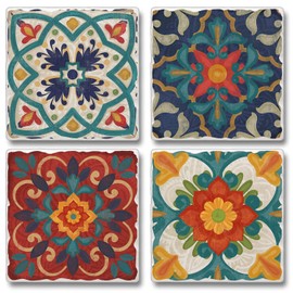 Highland Home CounterArt Assorted Image Tumbled Tile Coaster Set - Spanish Villa 4 Pack Made in The USA