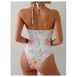 SweatyRocks Women's Cut Out Floral Halter One Piece Swimsuit Ruched Swimwear Bathing Suit Multicolor Large