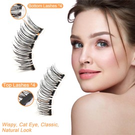 Joyeee Magnetic Eyelashes, 4pairs Dual Magnetic False Fake Eye Lashes Reusable Curly Wispy Thick Fluffy eyelashes with Applicator, No Need Glue 3D Look Eye Makeup for Girls Teen Women Starter Gift