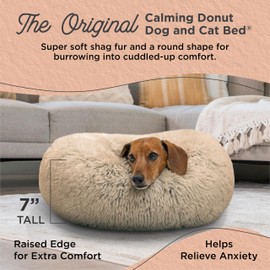 Best Friends by Sheri Original Calming Donut Dog and Cat Bed, Shag Faux Fur, Taupe, Small (23in x 23in) - Helps Provide Anxiety Relief for Pets