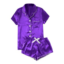 Celucke Women's Silk Satin Pajama Set, Comfortable Sleepwear Soft Short Sleeve Button Up Top with Shorts for Nightwear, Satin Pyjamas For Women, Pj Shorts Set, Ladies Comfort Lounge Wear Purple
