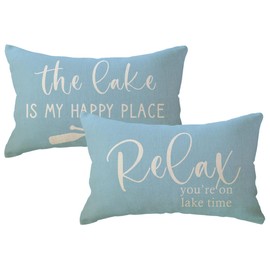 2Pack Lake Cabin Decor Lumbar Throw Pillow Covers 12x 20Inch Relax You’re On Lake Time Pillowcases Summer Lake House Decorative Waist Cushion Cover for Sofa Couch Porch (Light Blue)