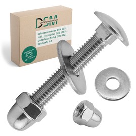 DSM – Schlossschrauben M5 x 12 mm nach DIN 603 – M5 Hutmutter DIN 1587 & Unterlegscheibe DIN 9021 – Edelstahl A2/V2A – Vollgewinde – Flachrundkopfschrauben mit Vierkantansatz – 50 Stück