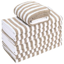 gryeer Set of 8 Microfibre Tea Towels, Super Absorbent, Soft and Thick Kitchen Towels (400 g/m², 117 g/piece), Check Designed with Hanging Bows, 65 x 45 cm (Khaki)