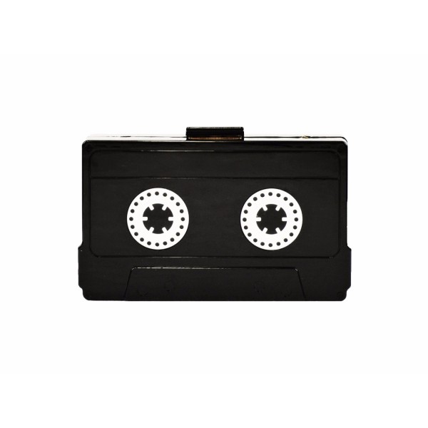 Unbranded Unique Fashion Cassette Tape Clutch with Shoulder Chain Black/White