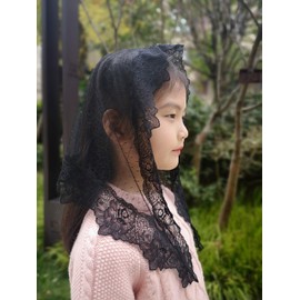 FANFAN Triangle Veil for Little Girls - Black Lace Mantilla Chapel Veil for Latin Mass