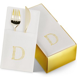 50-Pack Monogrammed Napkins With Pocket For Flatware, 16" x 16" Gold Foil Letter D Disposable Linen-Feel Napkins, Prefolded Silverware Pocket Napkins For wedding, Party Or Baby Shower