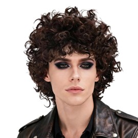 Brown Curly Wig Men 70s 80s Short Fluffy Afro Brown Wig