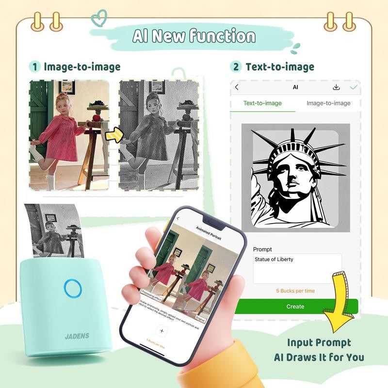 JADENS Mini Sticker Printer-2 Inch Bluetooth Thermal Pocket Printer,Inkless Portable