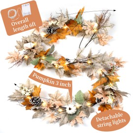 6 FT Neutral Fall Garland with Lights for Mantle Fireplace, Outdoor Fall Leaves Decor for Home Front Door with Pumpkins Farmhouse, Indoor Home Maple for Table Stairs Porch Fall Decorations - 1Pack