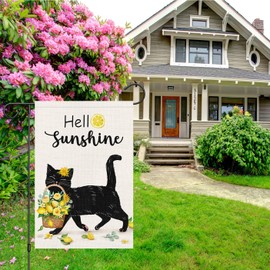 Louise Maelys Welcome Spring Summer Garden Flag 12x18 Double Sided, Burlap Small Hello Sunshine Black Cat Lemon Garden Yard House Flags Outside Outdoor Seasonal Porch Lawn Decoration (ONLY FLAG)