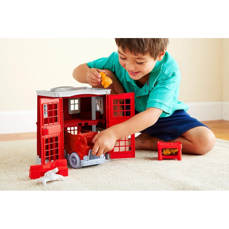 Green Toys Fire Station Playset - 8 Piece Pretend Play,