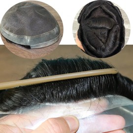 SIMBEAUTY Australian Base French Lace with PU Around Men Toupee Comfortable Human Hair Wig Wave Summer Replacement System Durable Male Capillary Prothesis (#2 (Darkest Brown 8x10Inches)