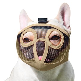 Short Snout Dog Muzzles- Bulldog Muzzle Breathable Mesh Dog Mask for Biting Chewing Training Licking Grooming (S（Head 9.1-12.1"）, Khaki)