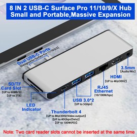 Surface Pro 11 10 9 Estación de acoplamiento con HDMI 4K, USB-C Thunderbolt 4 (video 8K +40Gbps+100W de potencia), Ethernet de 100M, USB3.0, ranura para tarjeta SD TF, audio de 3.5 mm, visualización