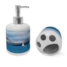 Ambesonne Sailboat Soap Dispenser & Toothbrush Holder Set, Sailing After a Storm Transportation Colorful Outdoors Hobby Cloudscape, Ceramic Bathroom Toiletry Accessories, 2 Pcs, Blue Grey Blue White