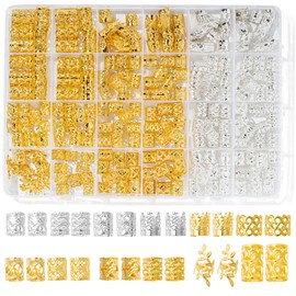 MODASER 220 Pcs Gold Hair Jewelry for Braids, 12 Styles Gold and Silver Hair Accessories Cuff for Braids and Dreadlocks, Adjustable Metal Rings Cuffs Clips for Dreadlock Accessory Jewelry Decorations